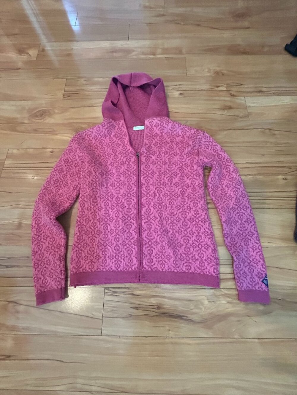 Norwegian Pink Hooded Zip-Up Knit Wool Mix Nordic Geometric Sweater Women's Size
